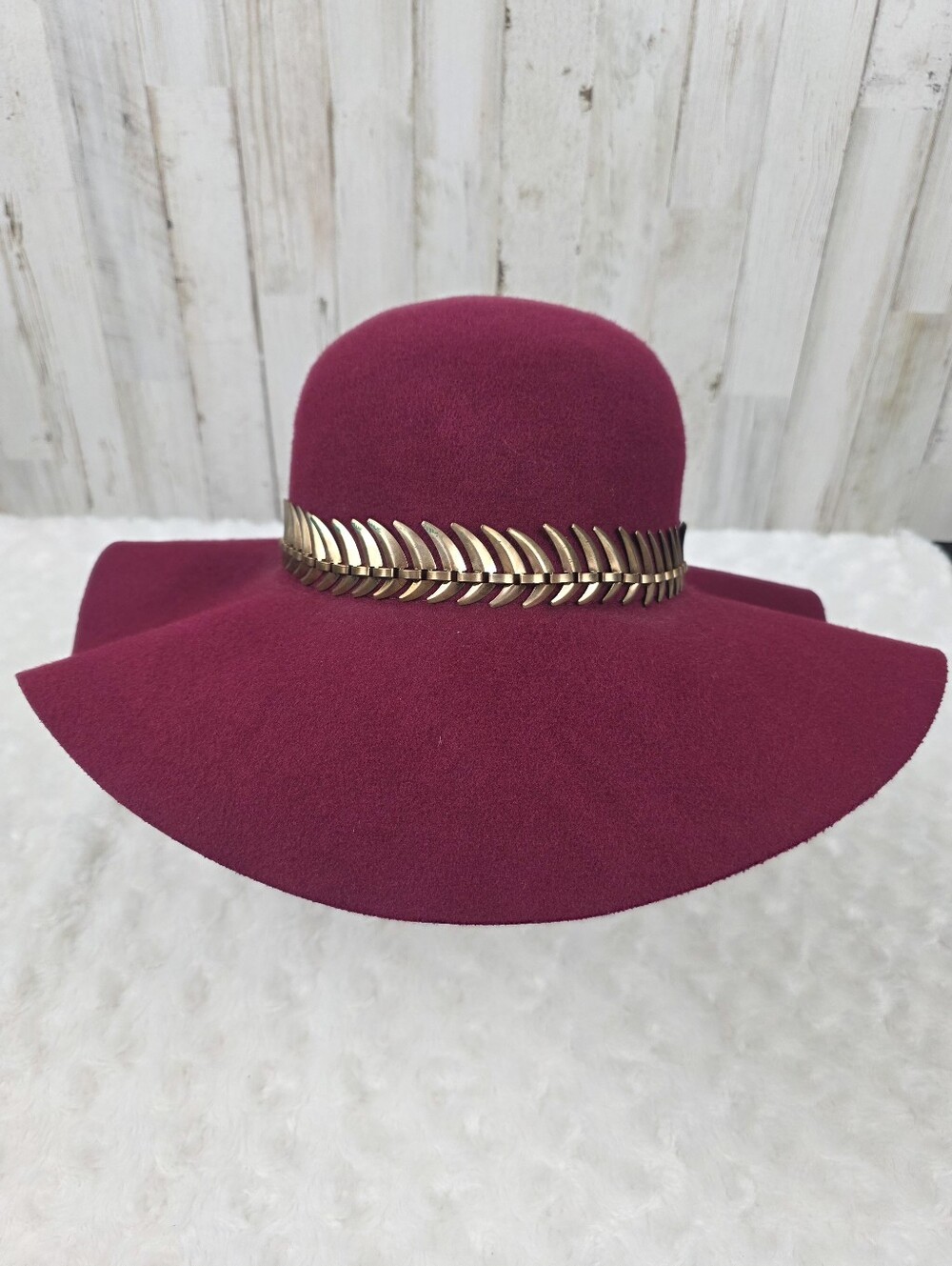 Charlotte Russe Women's Wine Burgundy Wide Brim Hat with Gold Chain Band